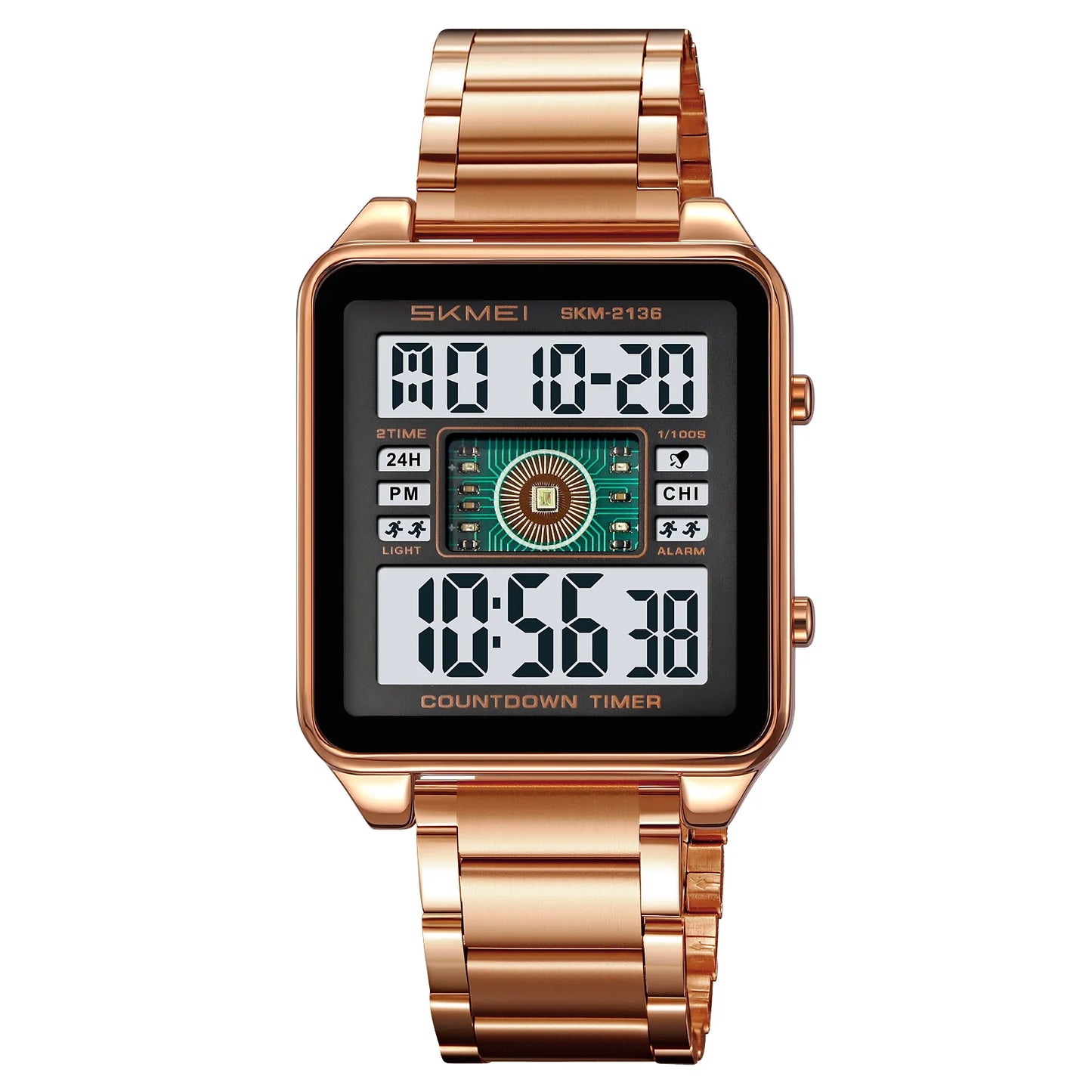 SKMEI 2136 lighting Stylish Mens Digital Watch Stainless Steel Countdown Stopwatch Wristwatch Fashion Electronic Movement Clock