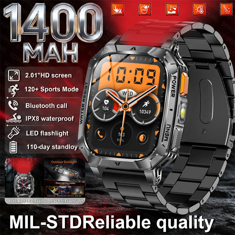 Outdoor military Smart Watch 1400mAh Battery Fitness Tracking 10ATM Waterproof Tactical Sports Flashlight Men's Phone Watches