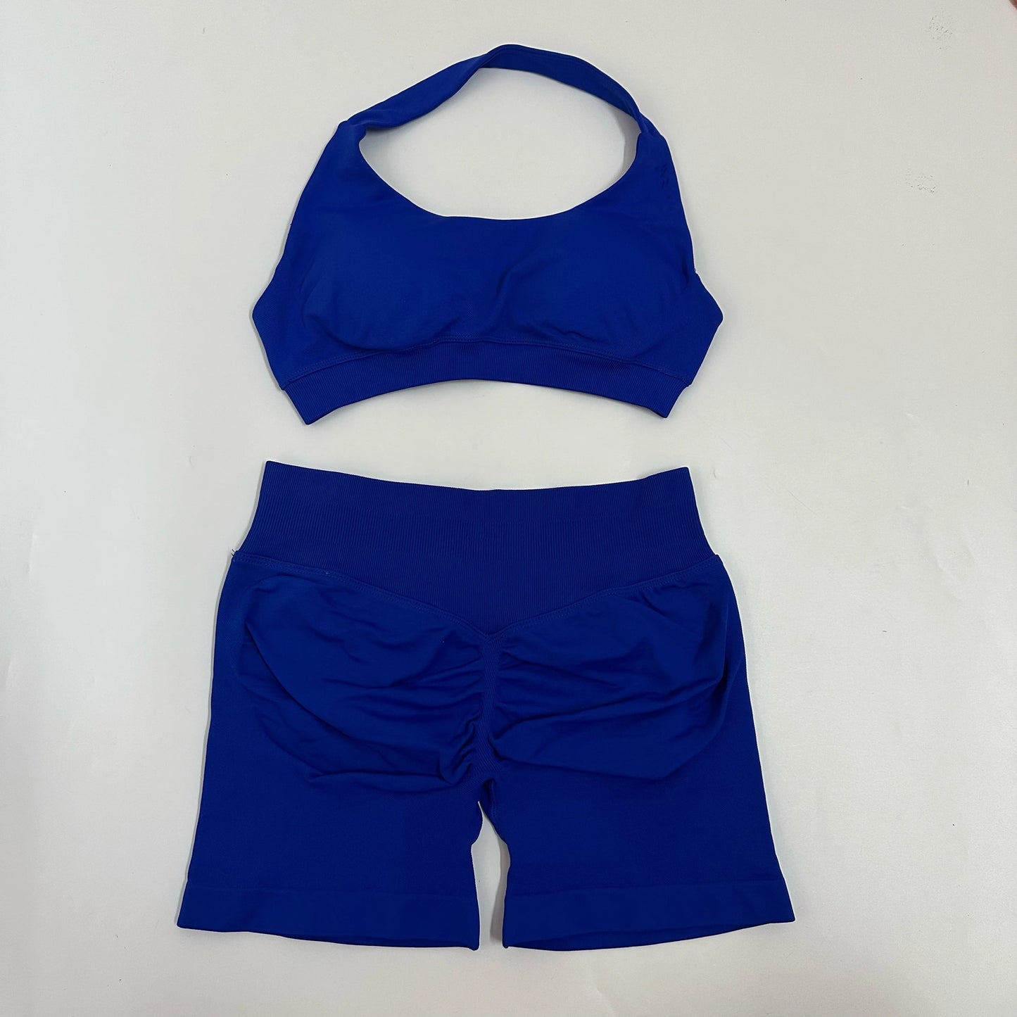 Yoga Shorts Sets Seamless Yoga Set Women 2Pcs Halter Sports Bra Scrunch Butt Gym Shorts Set Workout Clothes Summer Sportswear