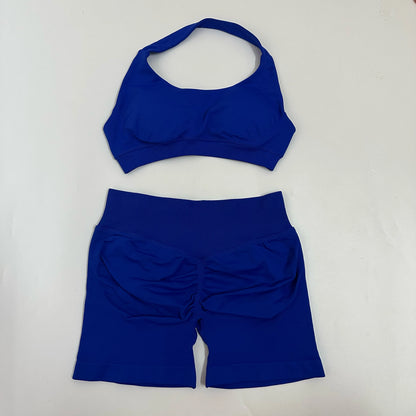 Yoga Shorts Sets Seamless Yoga Set Women 2Pcs Halter Sports Bra Scrunch Butt Gym Shorts Set Workout Clothes Summer Sportswear