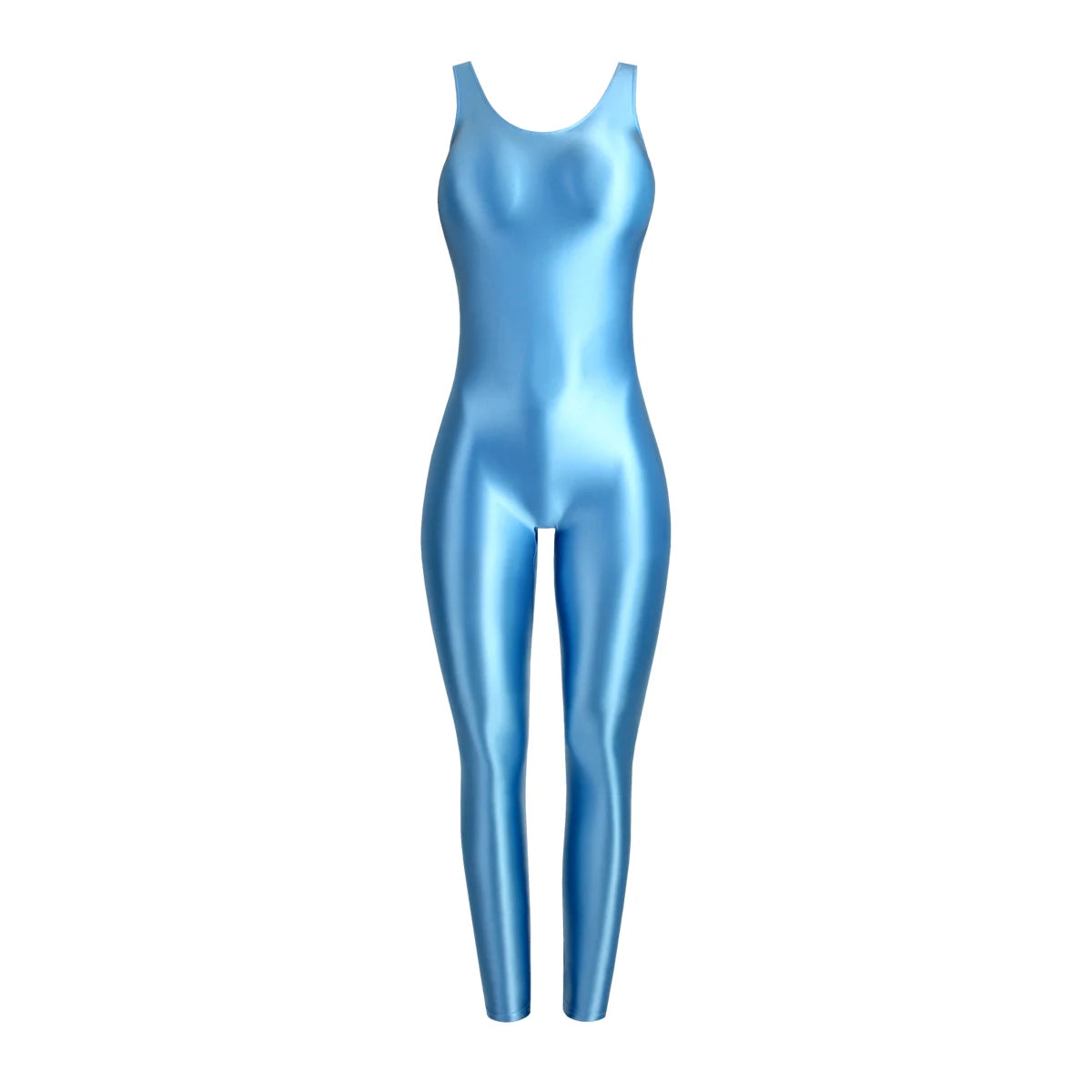 MJINM Glossy Spandex Smooth Stretch Sleeveless Bodybuilding Yoga Tight Vest Footless Leggings Jumpsuit Bodysuit Catsuit Playsuit