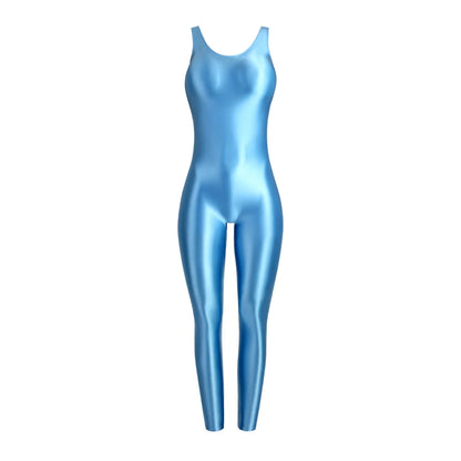 MJINM Glossy Spandex Smooth Stretch Sleeveless Bodybuilding Yoga Tight Vest Footless Leggings Jumpsuit Bodysuit Catsuit Playsuit