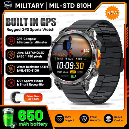 2026 Outdoor GPS Sports Smart Watch Men Built in GPS Compass 5ATM Waterproof Bluetooth Call HD AMOLED Screen Fitness Smartwatch