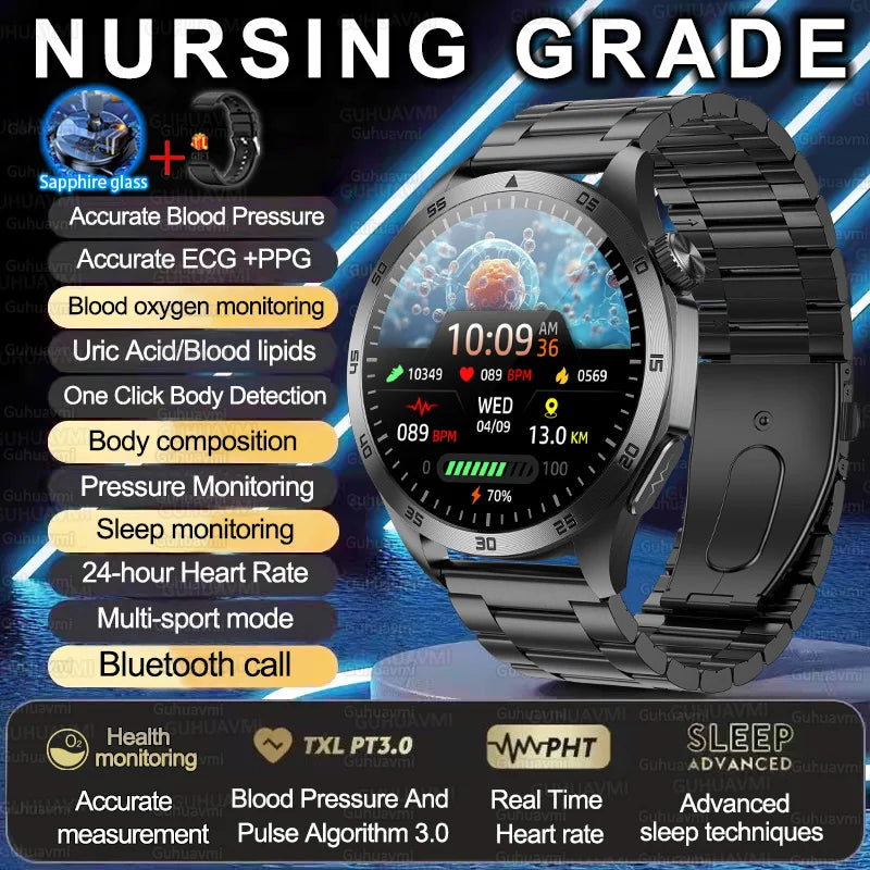 2025 New Nursing Grade Smart Watch ECG+PPG Blood Lipid Blood pressure Uric Acid HD Bluetooth Call Clock Health Smart Watch Men