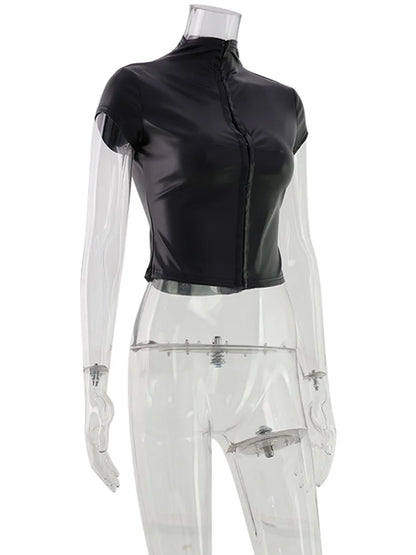 CNYISHE PU Leather Button Solid Short Sleeve Women Tops Sheath Fashion High Collar Blouse Fitness Female Sexy Club Tees Chic