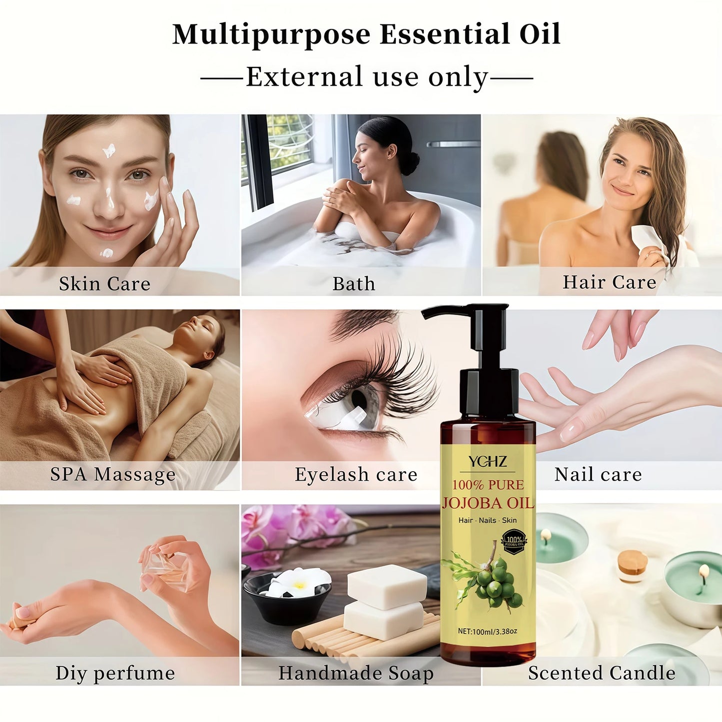 Jojoba Oil—Pure Natural Skin Care and Hair Care Product, Moisturizes the Skin, Nourishes the Scalp and Hair. Suitable for the Face, Neck, Hair, Hands, Feet, and Body, Can Be Used for Massage, Skin Care, and Eyelash Care.