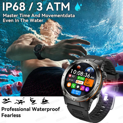 2024 New Military Smartwatch IP68 Waterproof outdoor Sports Fitness tracker health monitor BT call 365nm UV+ infrared