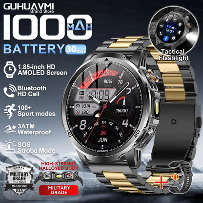 2026New Rugged Military Grade Smart Watch Men 1000mAh Large Battery Flashlight Waterproof Voice Call Sports Men Fitness Bracelet