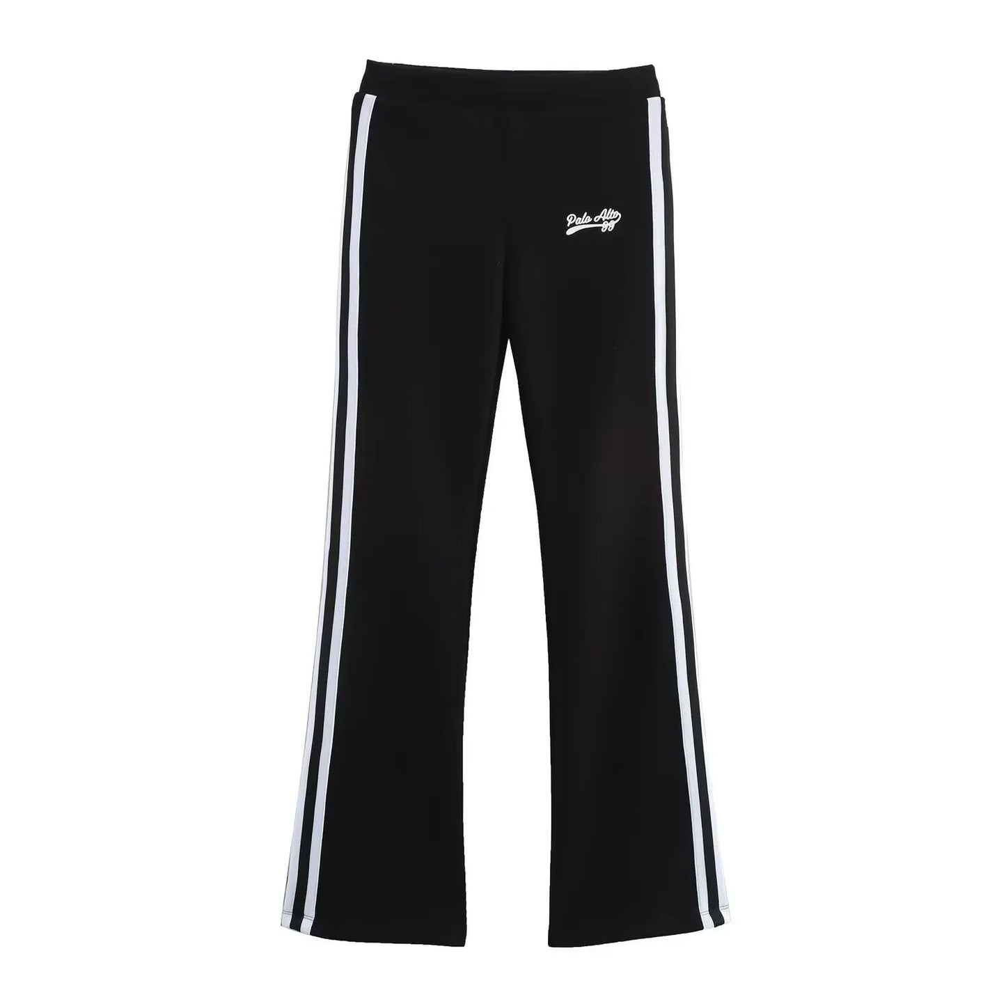 Relaxation Casual Women's Black Pants Set Embroidered Varsity Jacket Matching Varsity Flared Pants with Contrasting Side Stripes