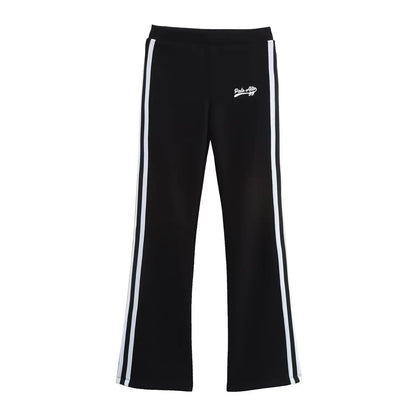 Relaxation Casual Women's Black Pants Set Embroidered Varsity Jacket Matching Varsity Flared Pants with Contrasting Side Stripes
