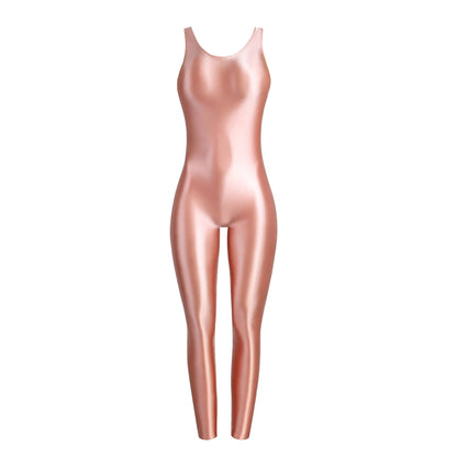 MJINM Glossy Spandex Smooth Stretch Sleeveless Bodybuilding Yoga Tight Vest Footless Leggings Jumpsuit Bodysuit Catsuit Playsuit