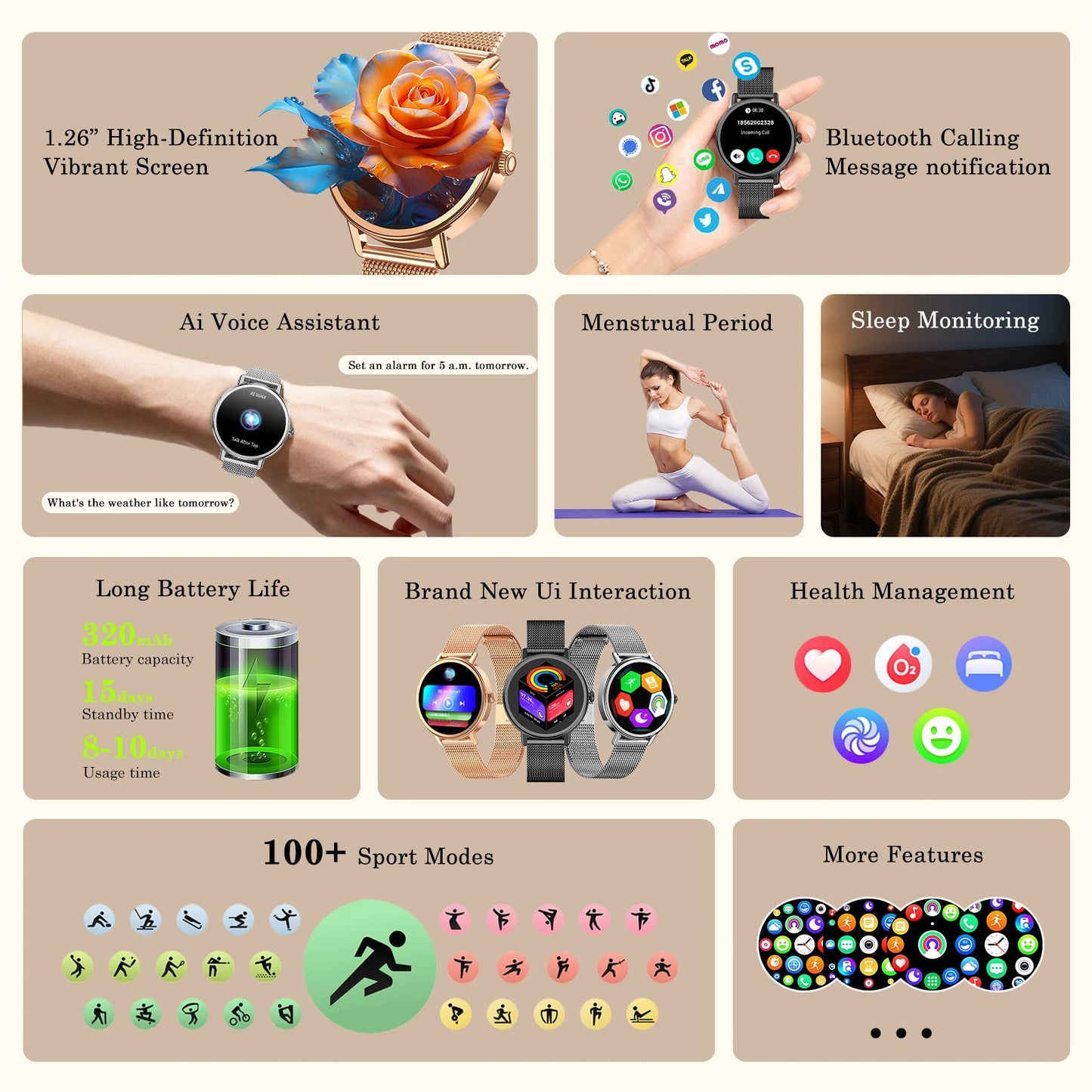 IOWODO New X30 Lady's Watch with Health Monitoring Fitness Tracking 1.26” HD AMOLED Screen Bluetooth Smartwatch for Android IOS