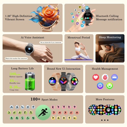 IOWODO New X30 Lady's Watch with Health Monitoring Fitness Tracking 1.26” HD AMOLED Screen Bluetooth Smartwatch for Android IOS