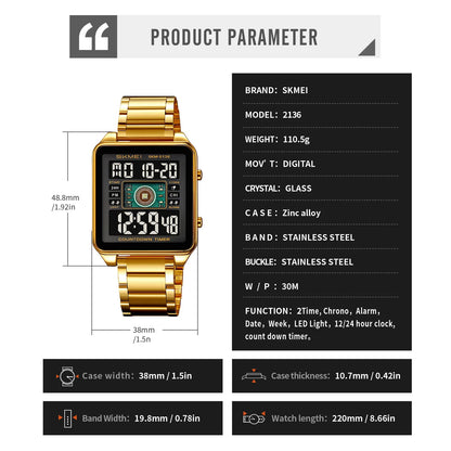 SKMEI 2136 lighting Stylish Mens Digital Watch Stainless Steel Countdown Stopwatch Wristwatch Fashion Electronic Movement Clock