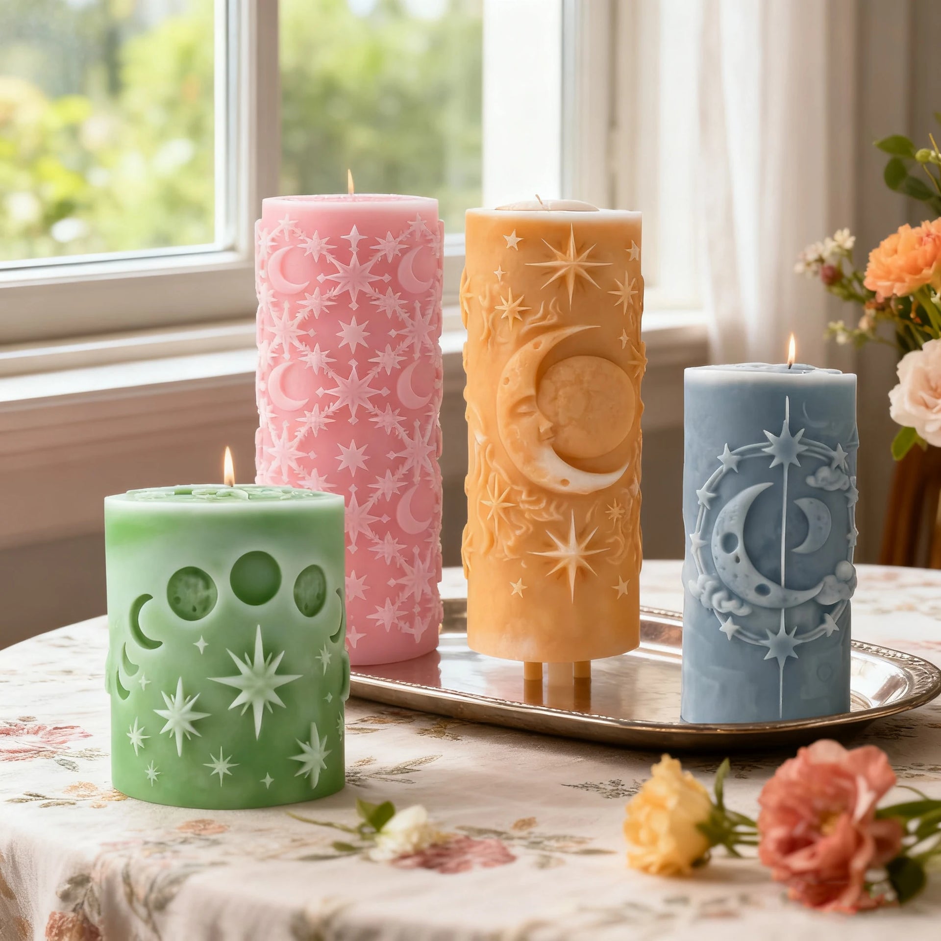 Star and Moon Pillar Candle Mold Celestial Cylinder Silicone Mold DIY Aromatherapy Wax Craft Home Decor Night Sky Theme
