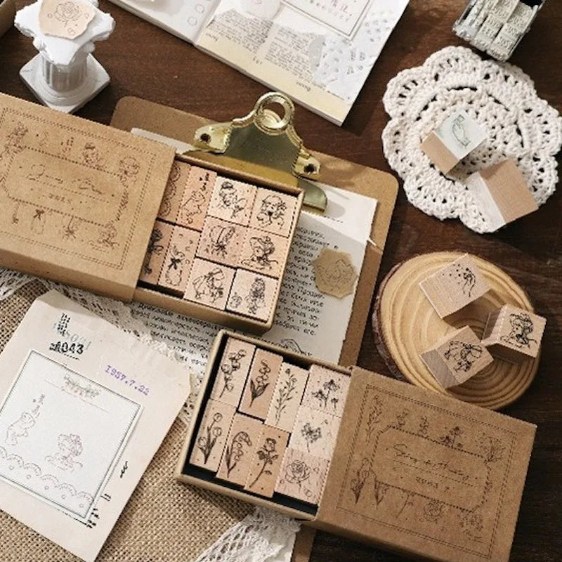 Cute Flower Week Day Moon Stamps For Scrapbooking DIY Journaling Card Deco Craft Supplies Hobby Girl Seal Wooden Stamping