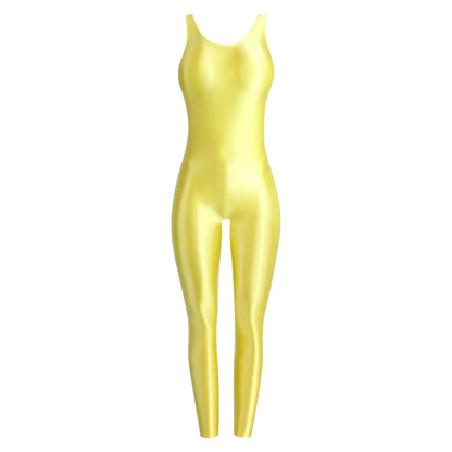 MJINM Glossy Spandex Smooth Stretch Sleeveless Bodybuilding Yoga Tight Vest Footless Leggings Jumpsuit Bodysuit Catsuit Playsuit