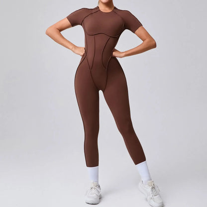 Seamless Yoga Jumpsuits Sports Fitness Combination Hip-lifting Open Back Short-sleeved Set Outdoors Gym Workout Tracksuits Women