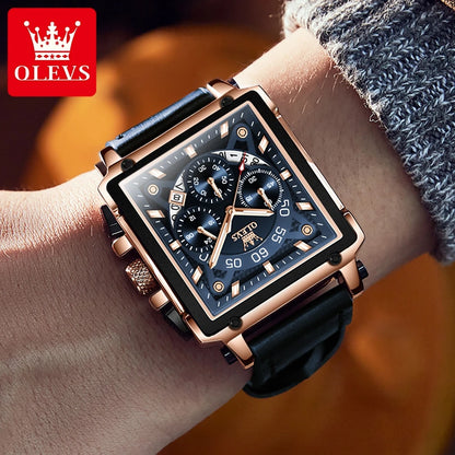 OLEVS 9919 Chronograph Multifunctional Quartz Men's Watch Leather strap 45MM Square Big Dial Leisure Sports TOP Brand Male Watch