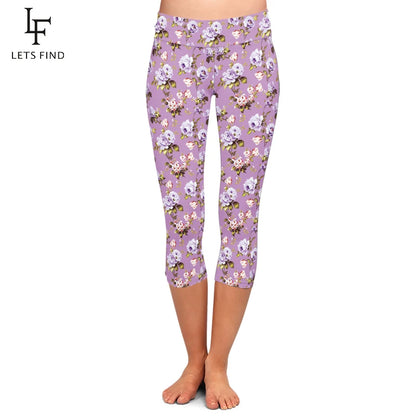 LETSFIND Summer New Arrival Women Capri Leggings Fashion High Waist 3D Flowers Digital Print Fitness Sexy Stretch Girls Leggings
