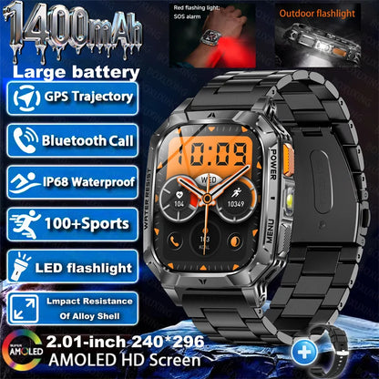 Outdoor military Smart Watch 1400mAh Battery Fitness Tracking 10ATM Waterproof Tactical Sports Flashlight Men's Phone Watches