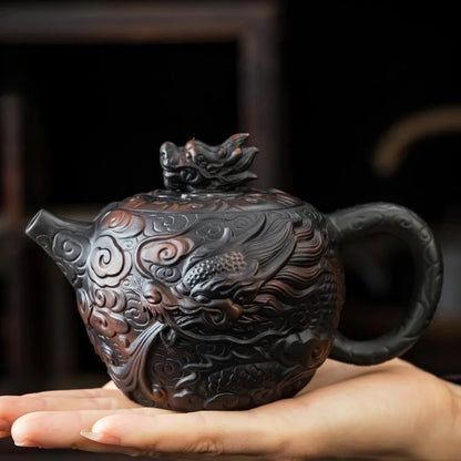 Jianshui Clay Purple Pottery Carving Dragon Teapot Hand Painted Antique Relief Teapot Household Teapot Kungfu Tea Set Kettle