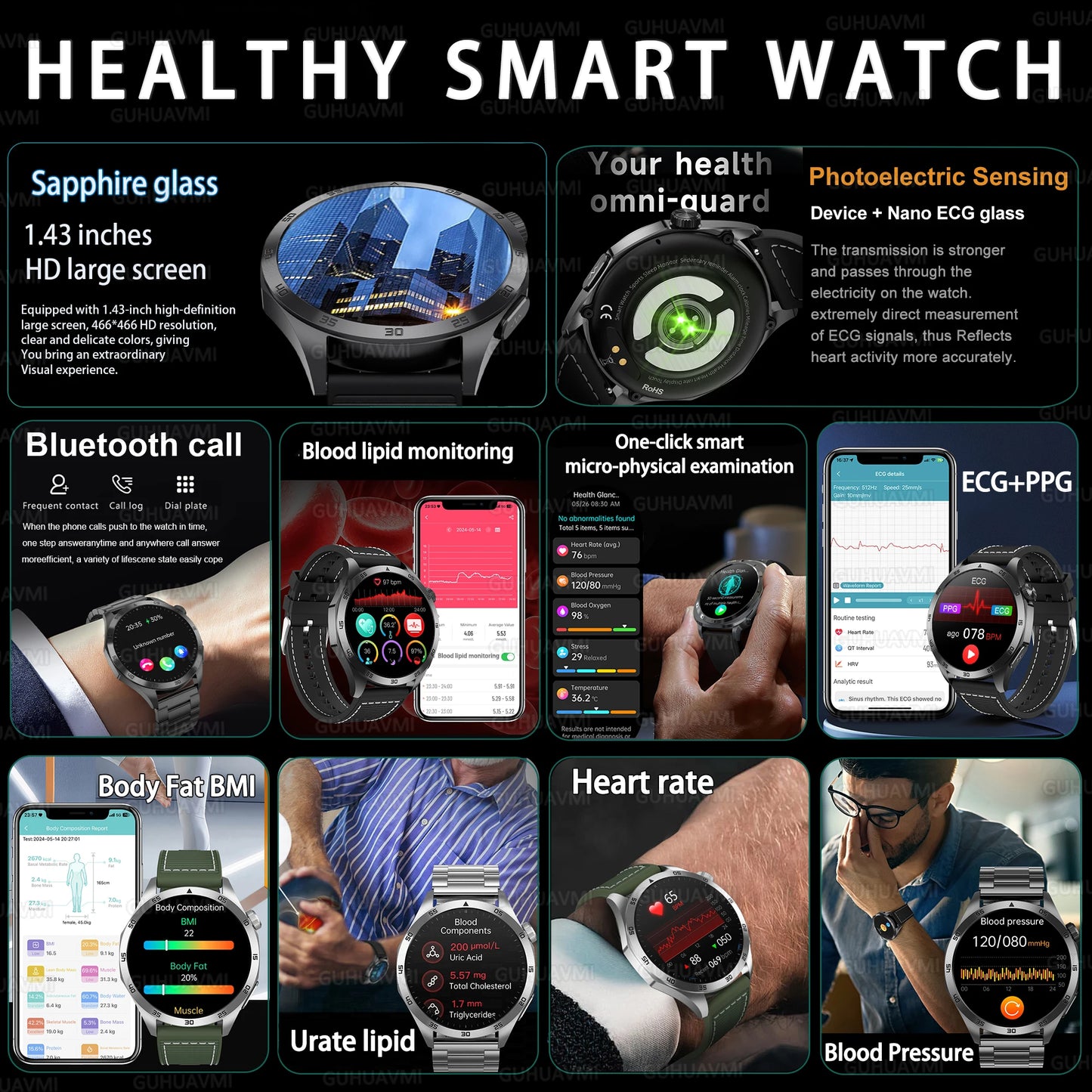 2025 New Nursing Grade Smart Watch ECG+PPG Blood Lipid Blood pressure Uric Acid HD Bluetooth Call Clock Health Smart Watch Men