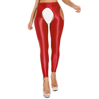 Womens Shiny Glossy High Waisted Cutout Open Crotch Leggings Hollow Out Crotchless Stretchy Tights Pencil Pants Long Trousers