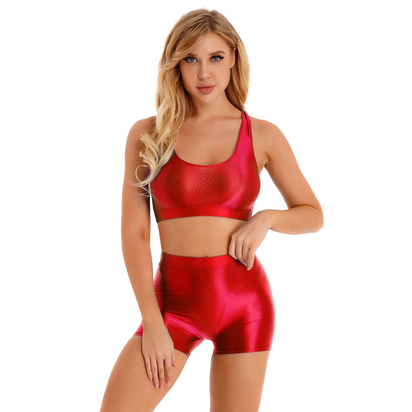 Womens Glossy Swimwear Sleeveless Tank Top with Mid Waist Shorts Fitness Workout Yoga Sportswear Beach Pool Surfing Swimsuit