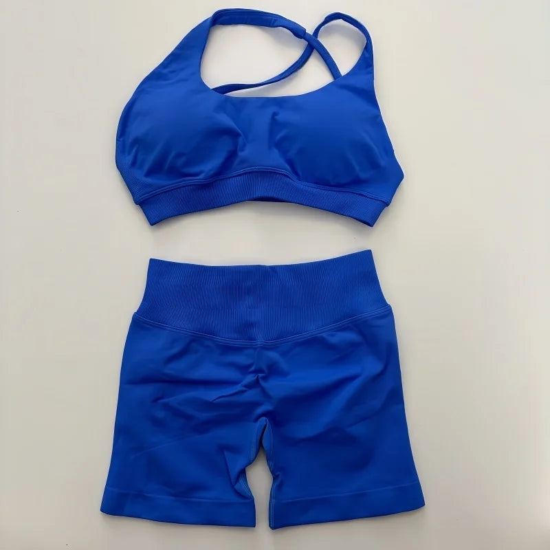 Yoga Asymmetric Gym Set Women Seamless Yoga Set Workout Shorts Sets Halter Sports Bra Scrunch Bum Shorts Fitness Clothes