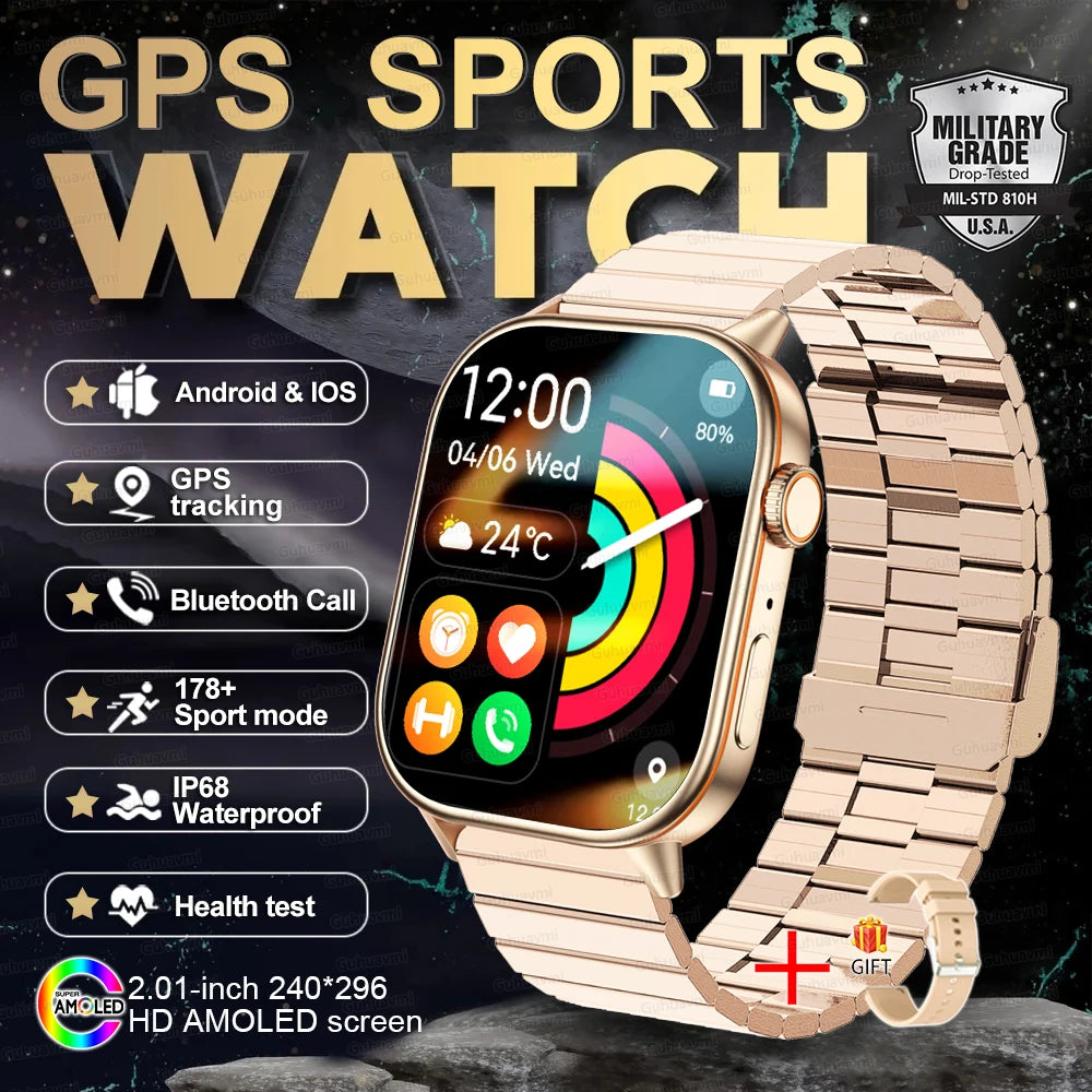 2025 New Outdoor Military GPS Smart Watch 2.01-inch AMOLED Screen BT Call 178+ Sport Mode IP68 Waterproof Smartwatches Man Women