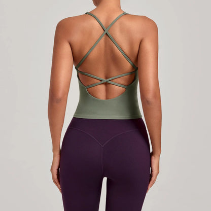Sexy Cross Backless Sports Tank Tops with Cups Women Gym Clothing Sleeveless V-neck Fitness Active Vest Female Workout Slim Top