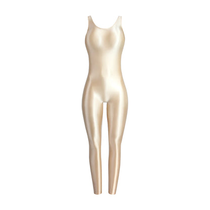 MJINM Glossy Spandex Smooth Stretch Sleeveless Bodybuilding Yoga Tight Vest Footless Leggings Jumpsuit Bodysuit Catsuit Playsuit