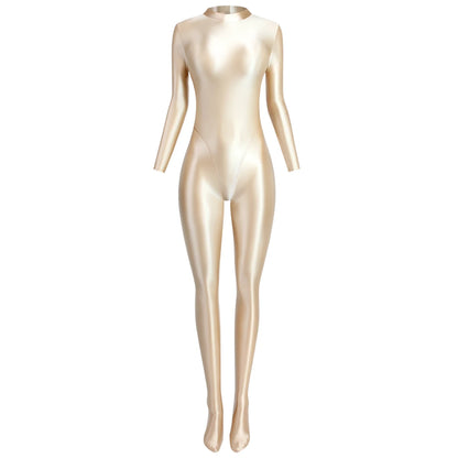 MJINM Glitter Shiny Satin High Stretch V-crotch Longsleeve Back Zipper Yoga Fitness Jumpsuit Bodysuit Playsuit Catsuit Homewear