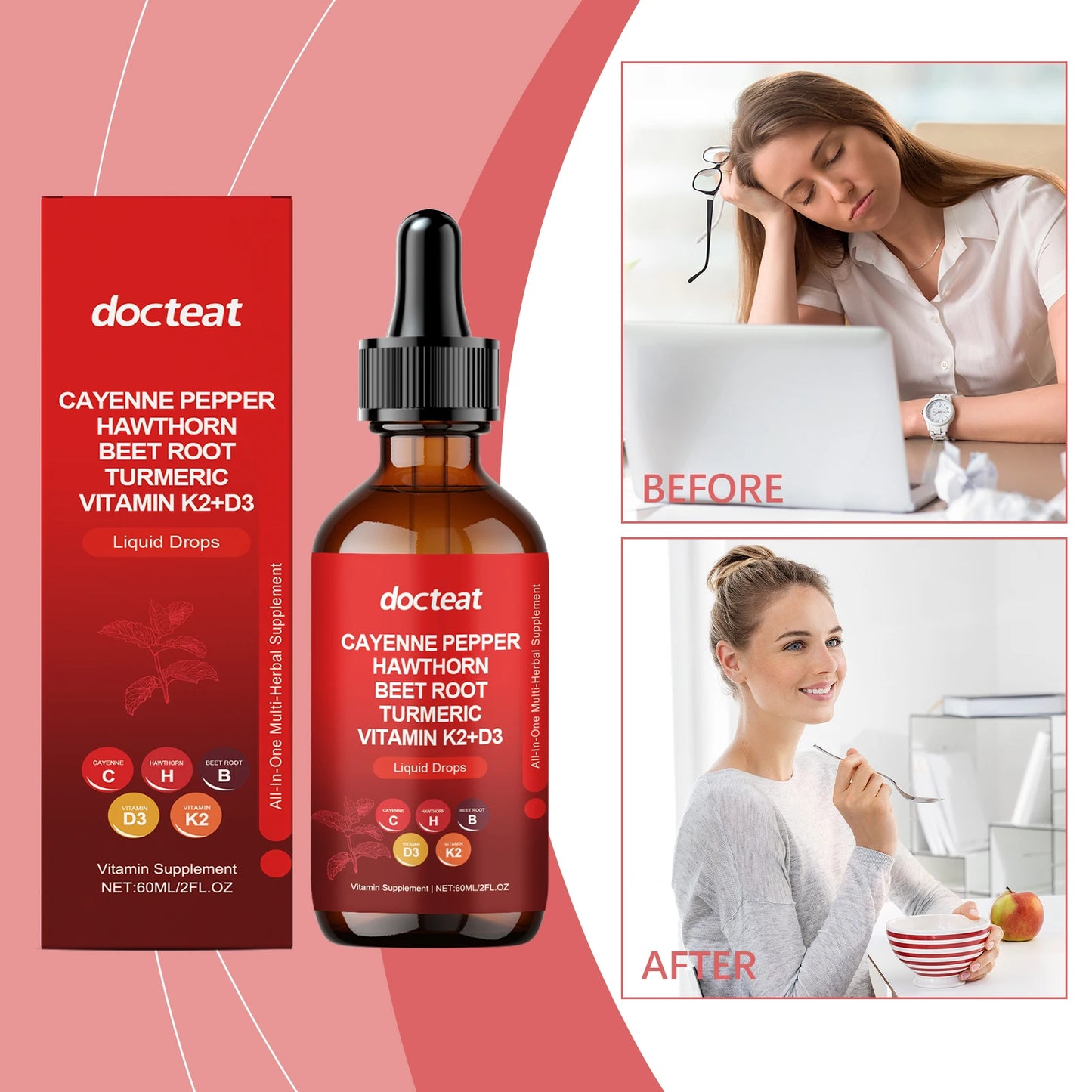 Cayenne Pepper Drops with Hawthorn Berry, Beetroot, Turmeric, and Vitamins D3 & K2 - All-in-One Liquid Supplement