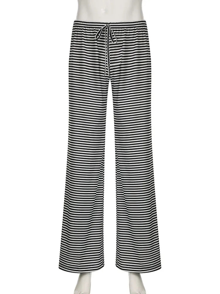 Women's Stripe Drawstring Low Waist Sweatpants Casual Elastic Baggy Straight Leg Pants Loose Fit Summer Streetwear Trousers