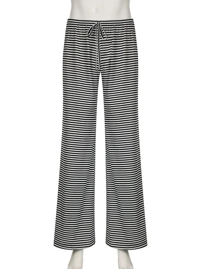 Women's Stripe Drawstring Low Waist Sweatpants Casual Elastic Baggy Straight Leg Pants Loose Fit Summer Streetwear Trousers