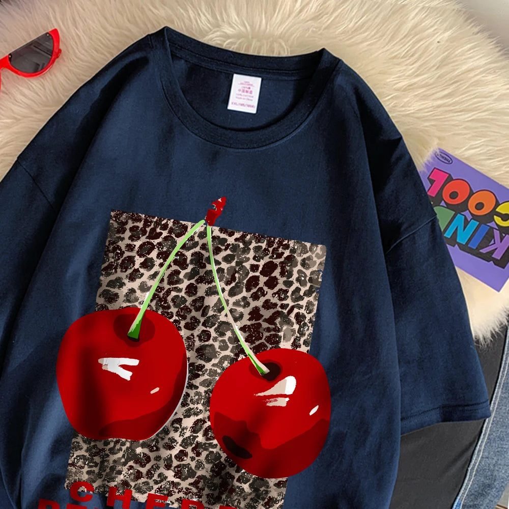 Cherry perfection T Shirt Women Leopard Prints Oversize Cotton T-Shirts Casual O-Neck Short Sleeve Tops Summer Woman Clothes