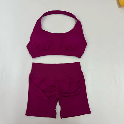 Yoga Shorts Sets Seamless Yoga Set Women 2Pcs Halter Sports Bra Scrunch Butt Gym Shorts Set Workout Clothes Summer Sportswear