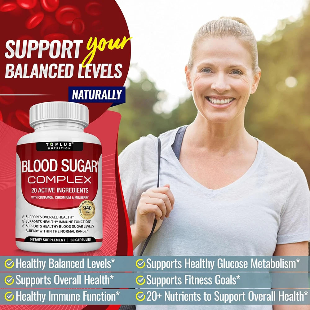 Blood Sugar Complex Supplement Balance Blend Complex for Men Women- Natural 20 Herbs and Vitamins with Cinnamon, Vegan Capsules