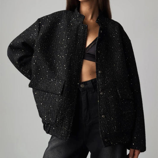 2025 Women Spring Vintage Sequins Jacket Coat Fashion Women Stand Collar Loose Style Jacket Femme Streetwear Tops Clothes