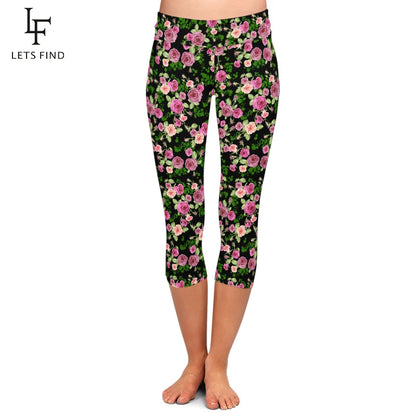 LETSFIND Summer New Arrival Women Capri Leggings Fashion High Waist 3D Flowers Digital Print Fitness Sexy Stretch Girls Leggings