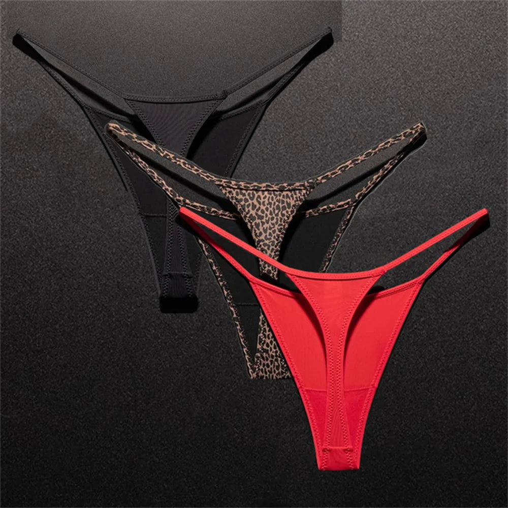 3PCS Sexy High Slit Transparent Mesh Thong Leopard Printed Fitness Female Hip Lifting G-strings Low Rise Seamless Mini Underwear