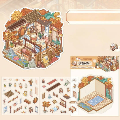 Rertro Cute Cartoon Chinese Courtyard 3D Sticker Set DIY Garden Miniature Diorama Decals Landscape Stickers for Journaling