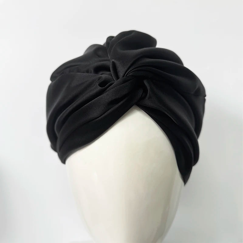Double Layers 100% Silk Twisted Sleeping Bonnet Natural Silk Turban With Elastic Ribbon Women Headwrap For Hair Care 19Momme