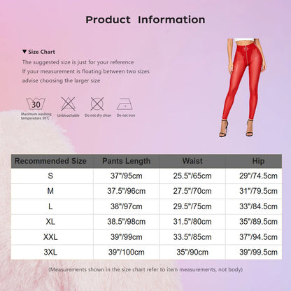 Women Y2K Style Glossy Red Skinny Tights Pants Leggings Glossy PU Leather Zipper Crotch Sheer Mesh Legs Patchwork Tights Pants