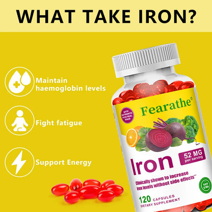 Iron and Vitamin C Supplement - Boosts Energy, Focus, and Immune Function, Supporting Red Blood Cells, Improve Immunity, Non-GMO