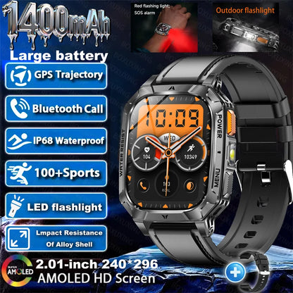 Outdoor military Smart Watch 1400mAh Battery Fitness Tracking 10ATM Waterproof Tactical Sports Flashlight Men's Phone Watches