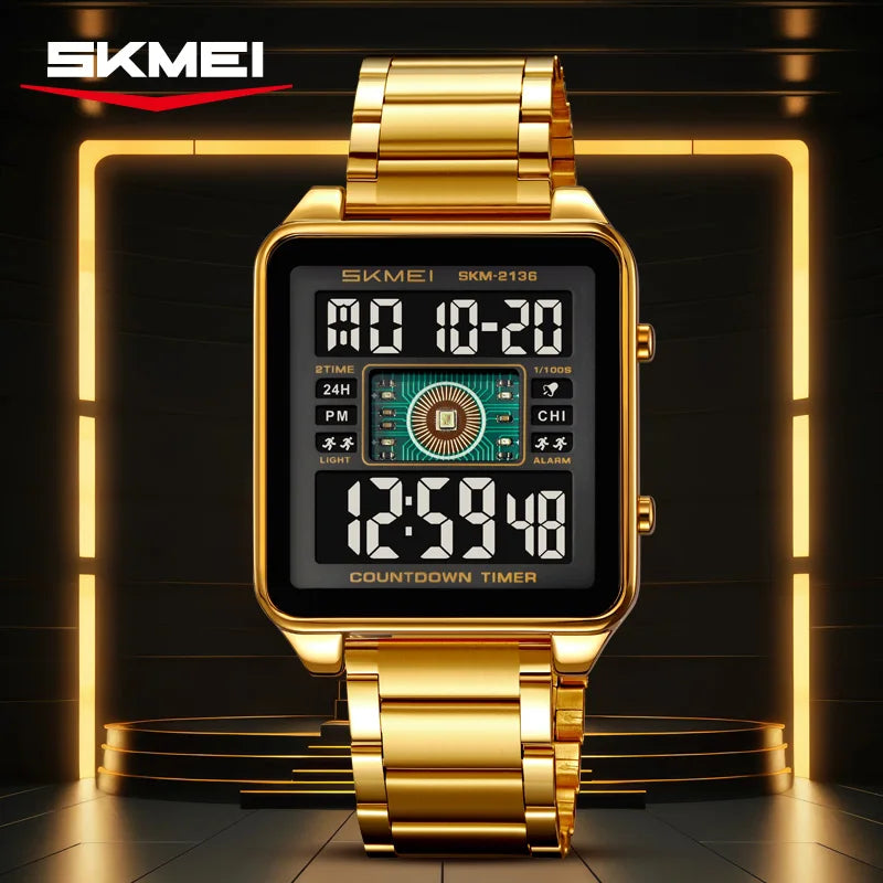 SKMEI 2136 lighting Stylish Mens Digital Watch Stainless Steel Countdown Stopwatch Wristwatch Fashion Electronic Movement Clock