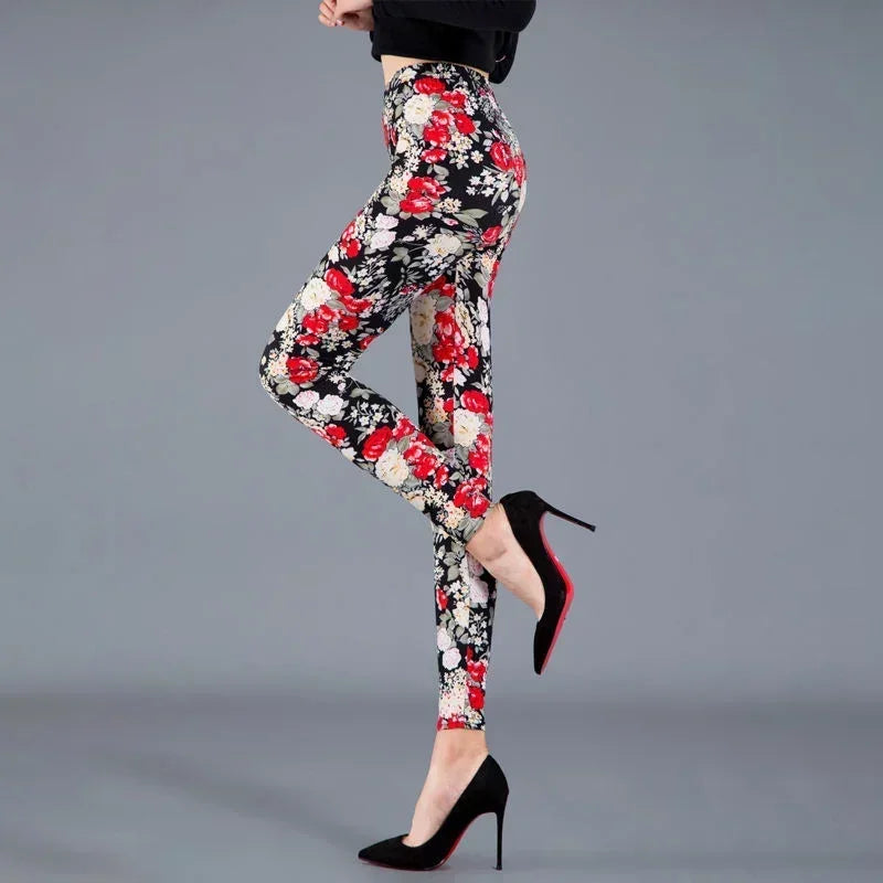 Women Floral Printed Exercise Colorful Peony Flower Female Elastic Leggins High Waist Pants Push Up Trousers Fitness Leggings